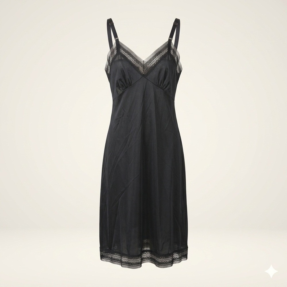 Velrose Vintage Black Nylon Full Slip Dress Lace Layering 40 Tall Lingerie Large